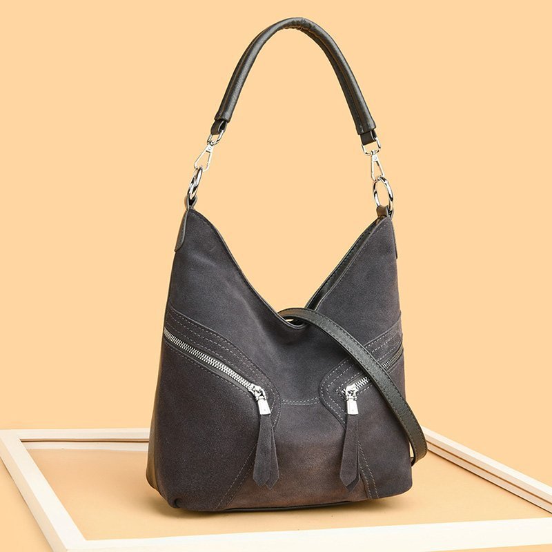 Frosted Cowhide Bucket Bag With New Personality And Versatile