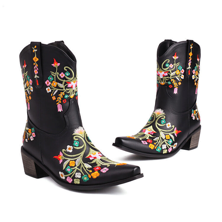 Embroidered Color Matching Ethnic Style Retro Chunky Heel Square Head Knight Martin Boots