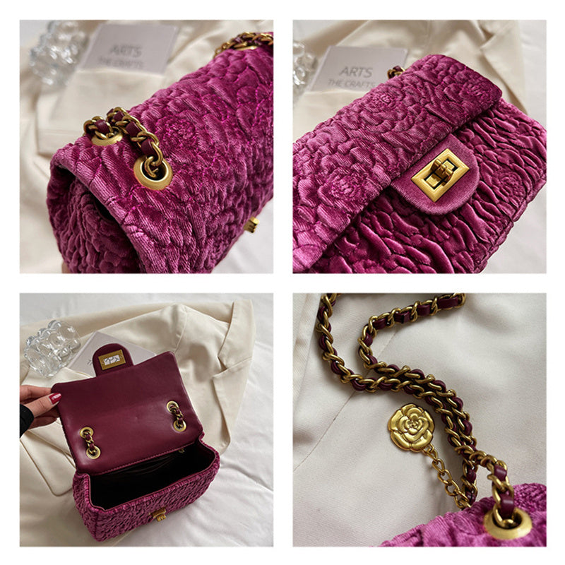 Velvet Camellia Mini Square Fat Chain One Shoulder Messenger Bag