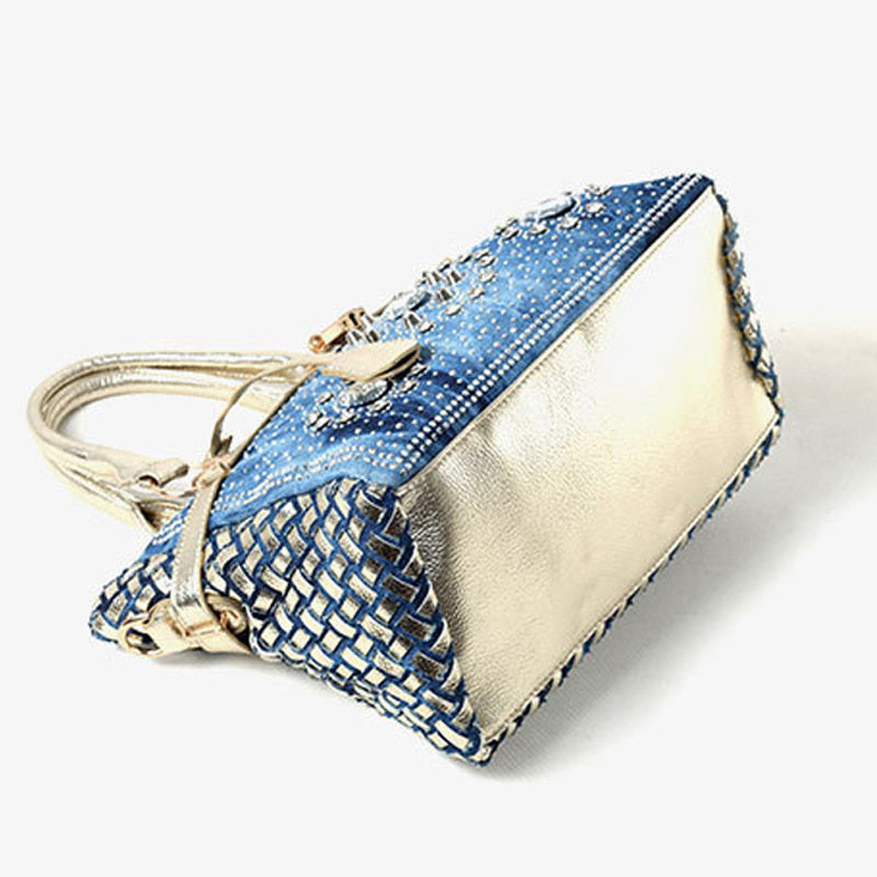 Sac messager à bandoulière simple en denim avec petite boucle et strass en verre pour femme