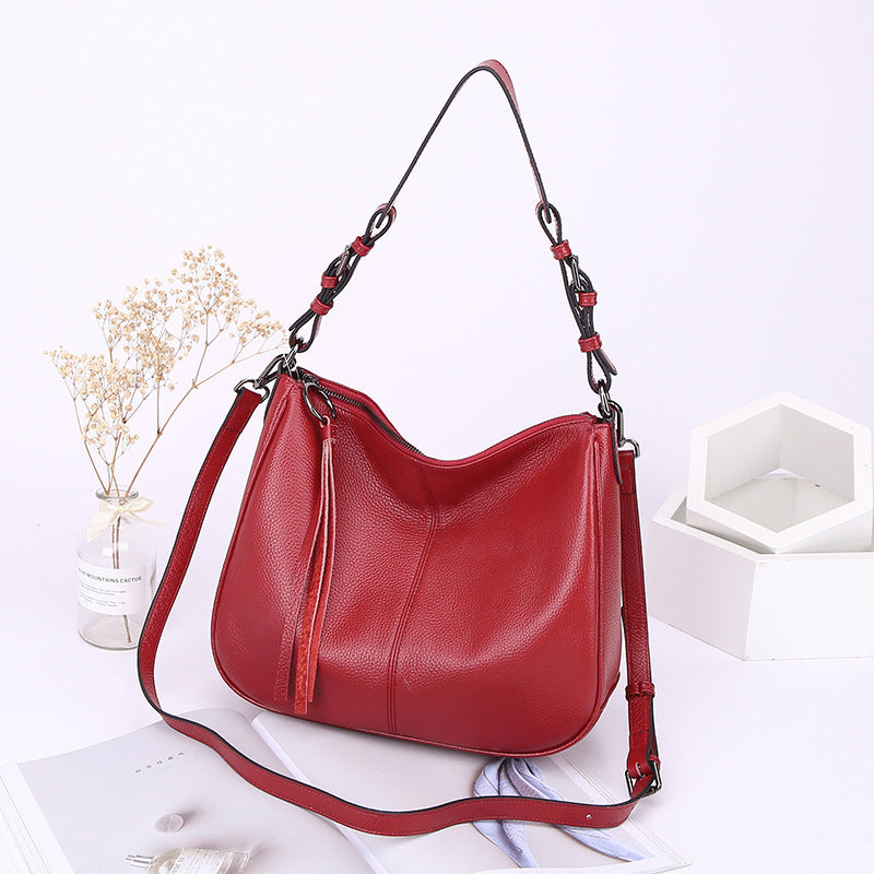 Genuine Leather Women's Top Layer Cowhide Tassel Tote Bag