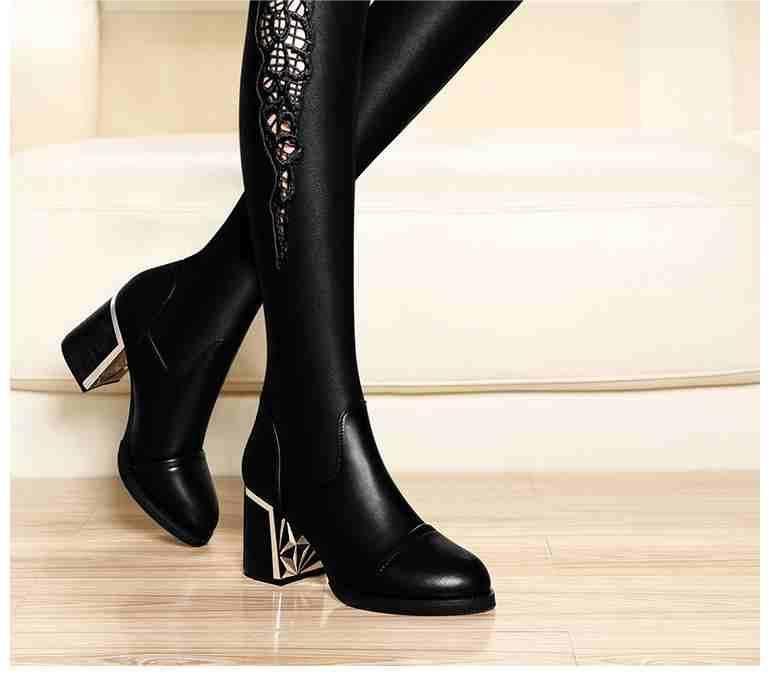 Women's Chunky Heel High Boots Fleece-lined Lace