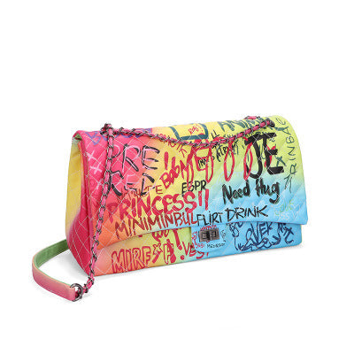 Bolso de hombro con cadena de rombos y fragancia pequeña con grafiti de colores estilo coreano