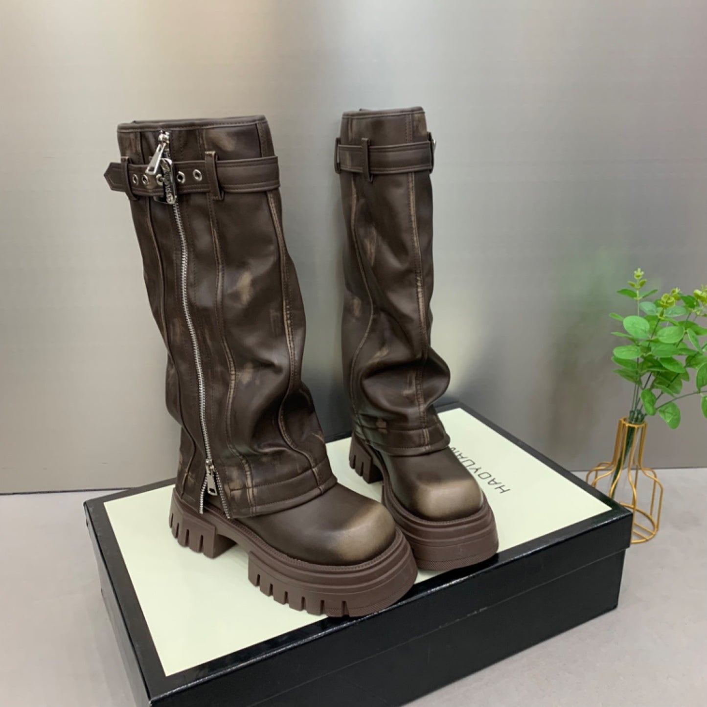 Bottes-collants montantes à glissière en cuir véritable pour l'industrie lourde