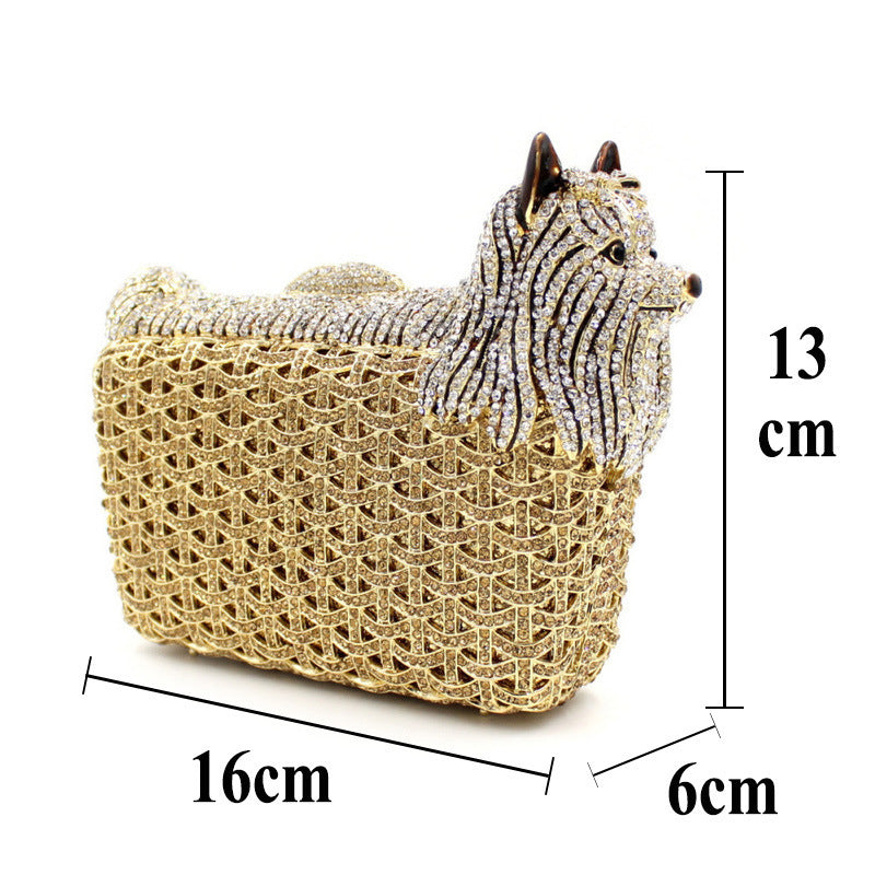 Sac de soirée en cristal fin et strass pour femme avec motif chien