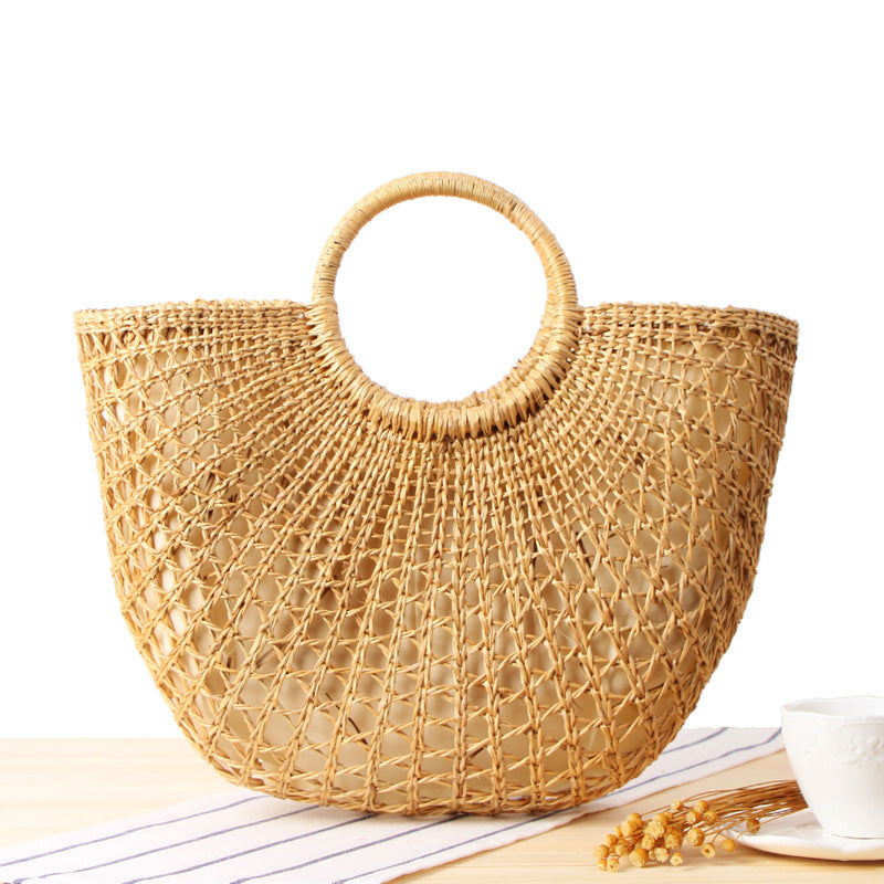 Hand-carried Straw Woven Bag Colorful Tassel Yarn Ball Beach Bag