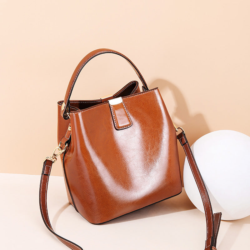 Wax Cowhide Leather Women's Bag Portable Bucket Bag Single Shoulder Crossbody Bag