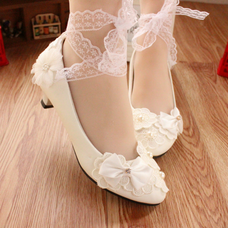 White Bow Ribbon Bridesmaid Wedding Dress Shoes