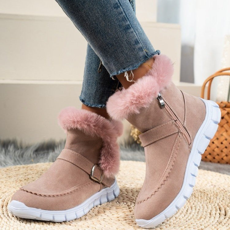 Nuevas botas de nieve de invierno cálidas y gruesas, botines de felpa de color sólido con diseño de hebilla y zapatos planos de terciopelo para mujer