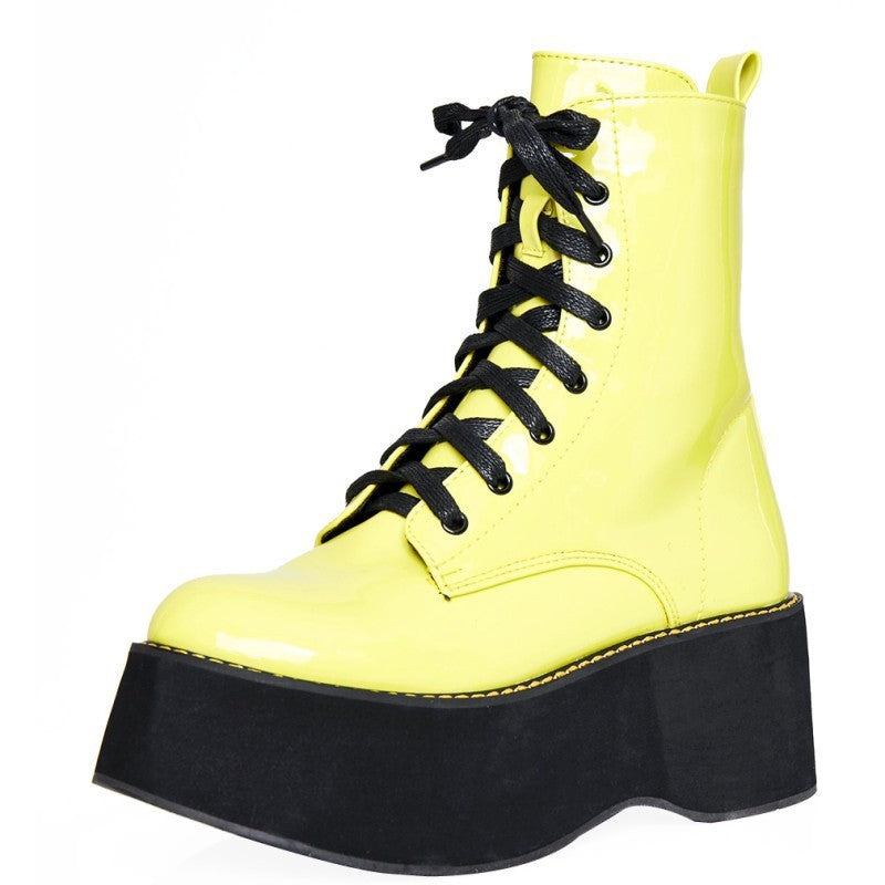 New Fashion Women's Patent Leather Lace-up Platform Ankle Boots