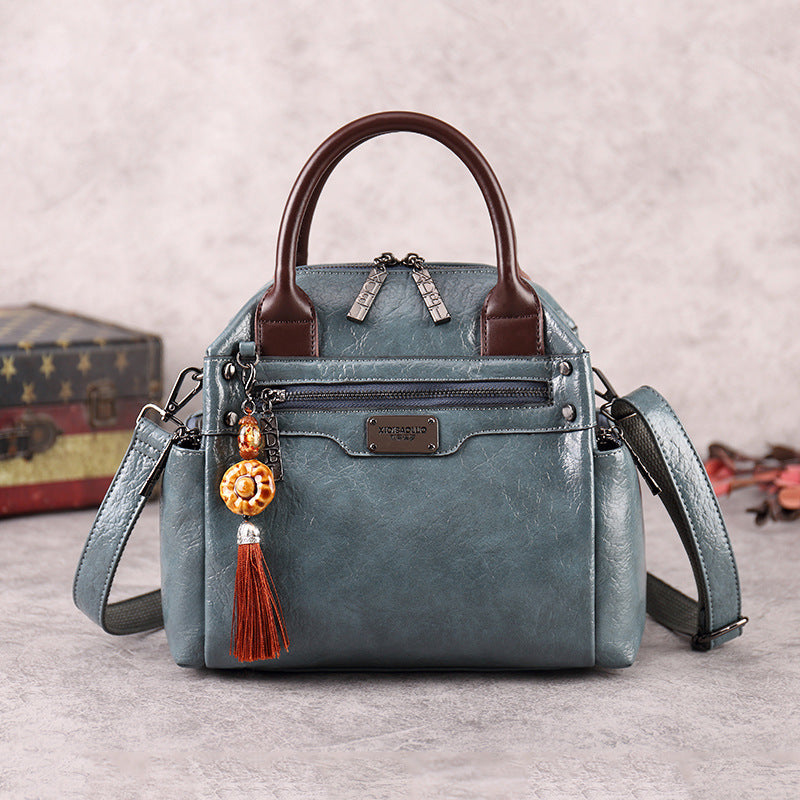 Retro Fashion Oil Wax Leather Hit Color Single-shoulder Oblique Handbag