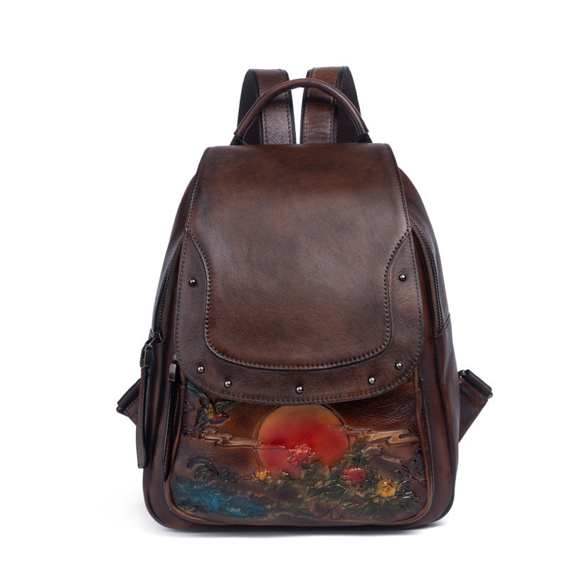 The First Layer Cowhide Retro Embossed And Polished Color Personalized Ladies Backpack