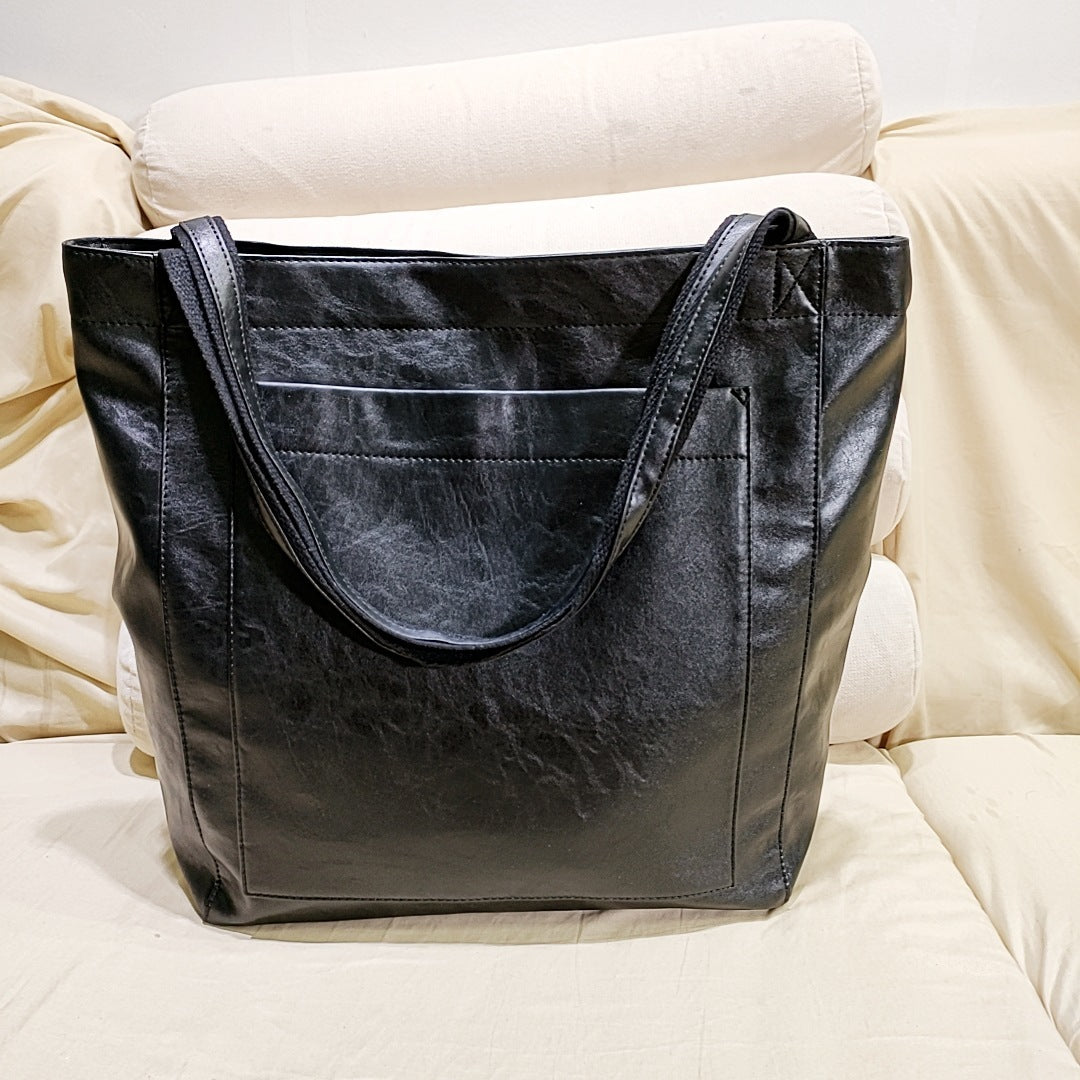 Sac à bandoulière rétro de grande capacité avec grande poche en cuir ciré à l'huile, fourre-tout à la mode pour le shopping quotidien