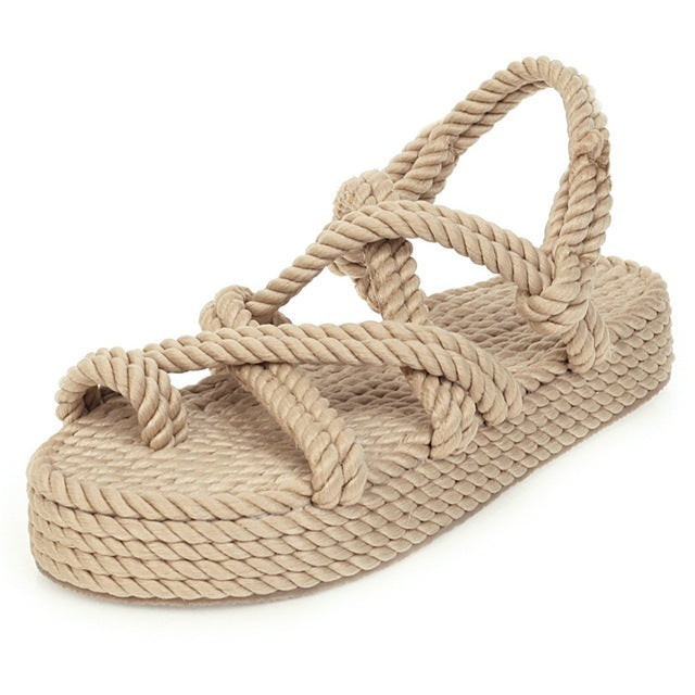 Sandalias bohemias para mujer con plataforma plana de cuerda de cáñamo