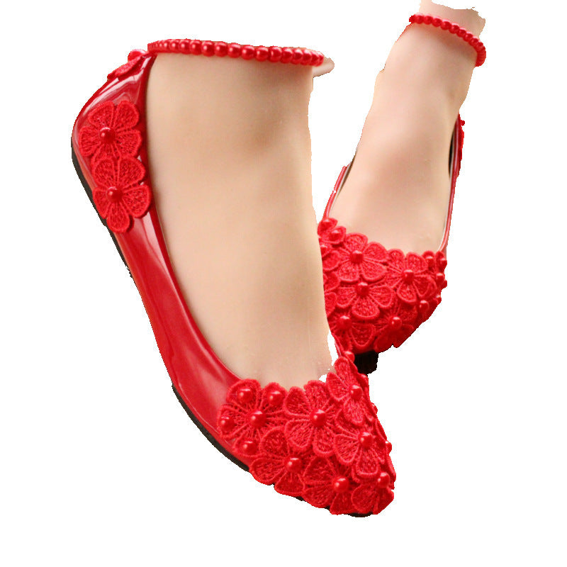 Zapatos de novia rojos con tobilleros de perlas, zapatos de mujer de talla grande