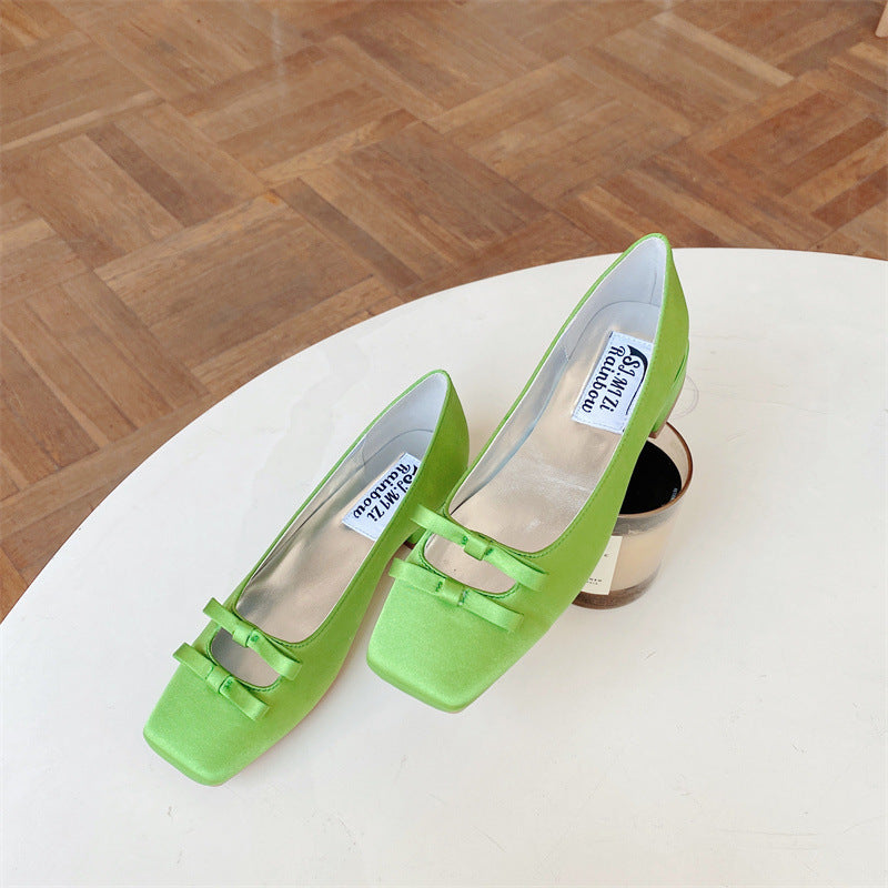 Fashion Shoes Square Head Candy Color Mary Jane Bow Low-cut Chunky Heel