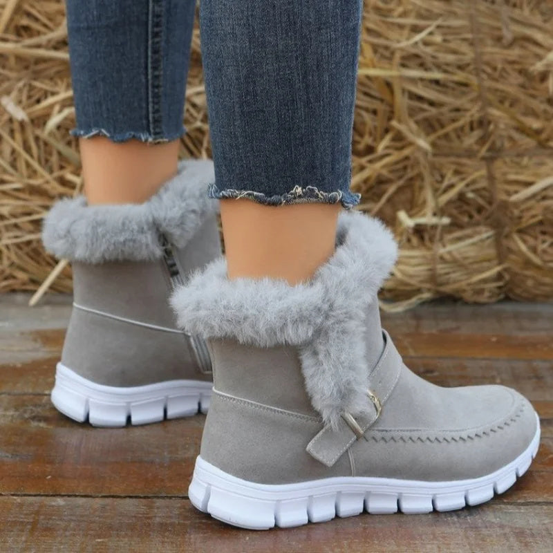 Nouvelles bottes de neige d'hiver chaudes et épaisses de couleur unie en peluche avec boucle et chaussures plates en velours pour femmes