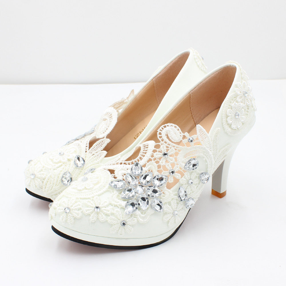 White Wedding Shoes High Heel Round Head Lace Rhinestones