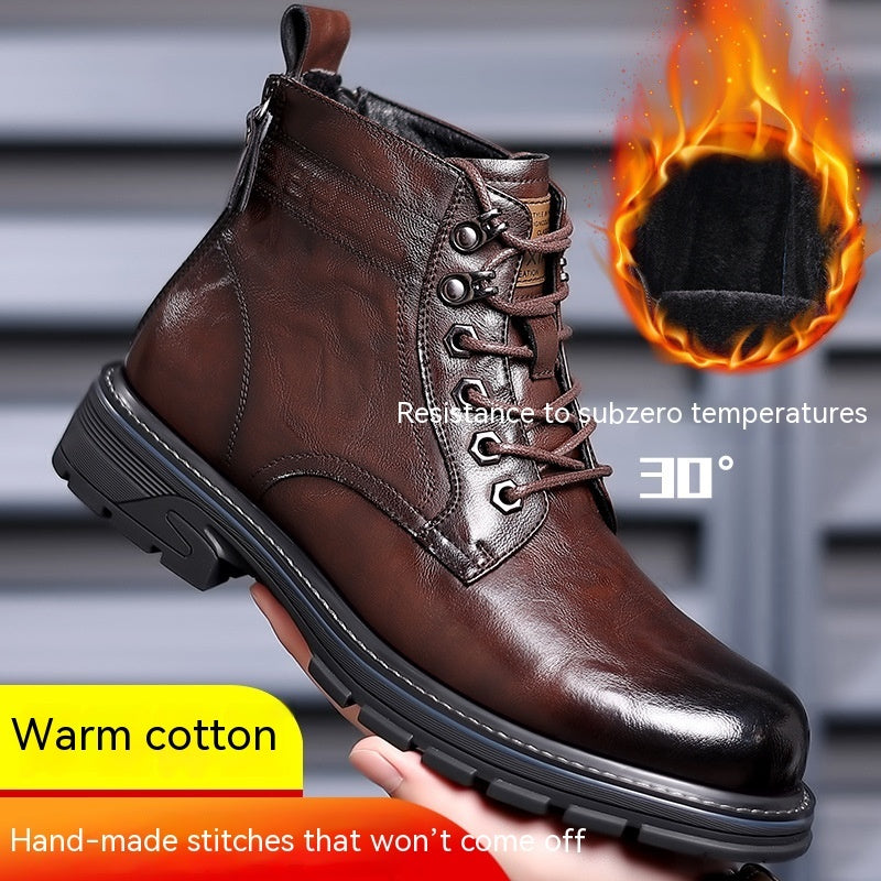 Vintage Fleece-lined Leather Boots Outdoor Keep Warm Men's