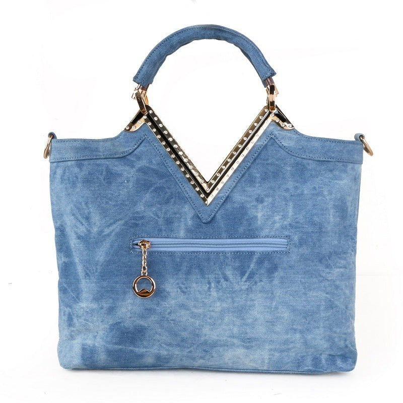 Sac en jean tendance en forme de V pour femme avec motif de fleurs en diamant