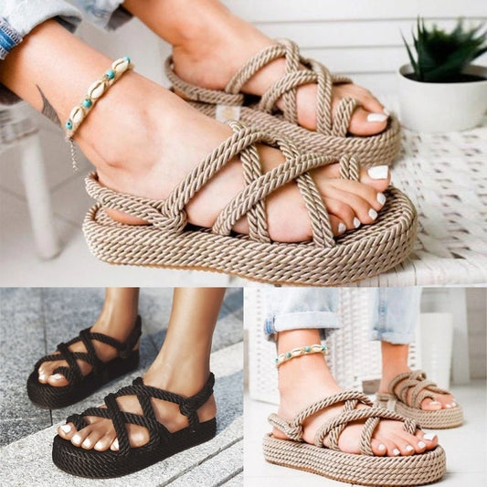 Sandalias bohemias para mujer con plataforma plana de cuerda de cáñamo