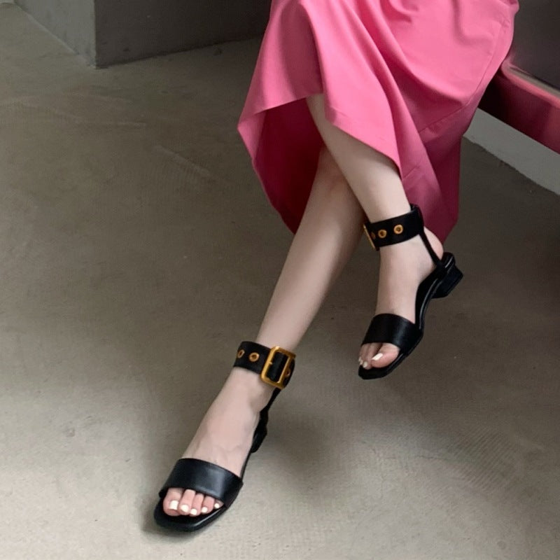 Chunky Heel Open Toe Leather Belt Big Gold Buckle Sandals