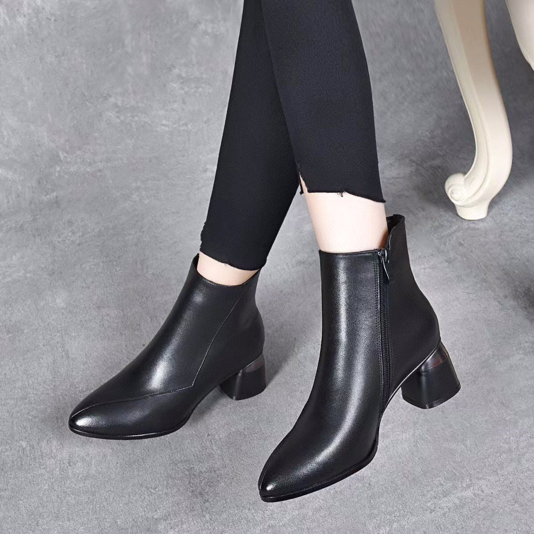 Women's Fashion Pointed Toe Chunky Heel Cowhide Ankle Boots