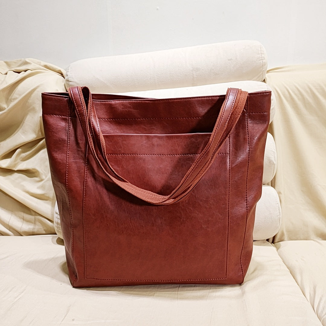 Sac à bandoulière rétro de grande capacité avec grande poche en cuir ciré à l'huile, fourre-tout à la mode pour le shopping quotidien