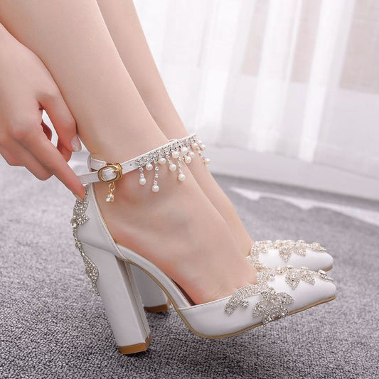 White Pointed Crystal Wedding Shoes Chunky Heel