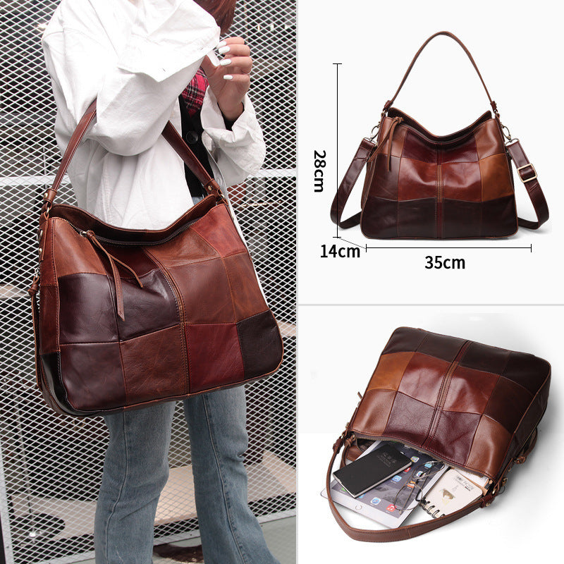 Retro Female Bag Leather Hit Color Top Layer Cowhide Handbag Color Stitching One-shoulder Messenger Bag Leisure