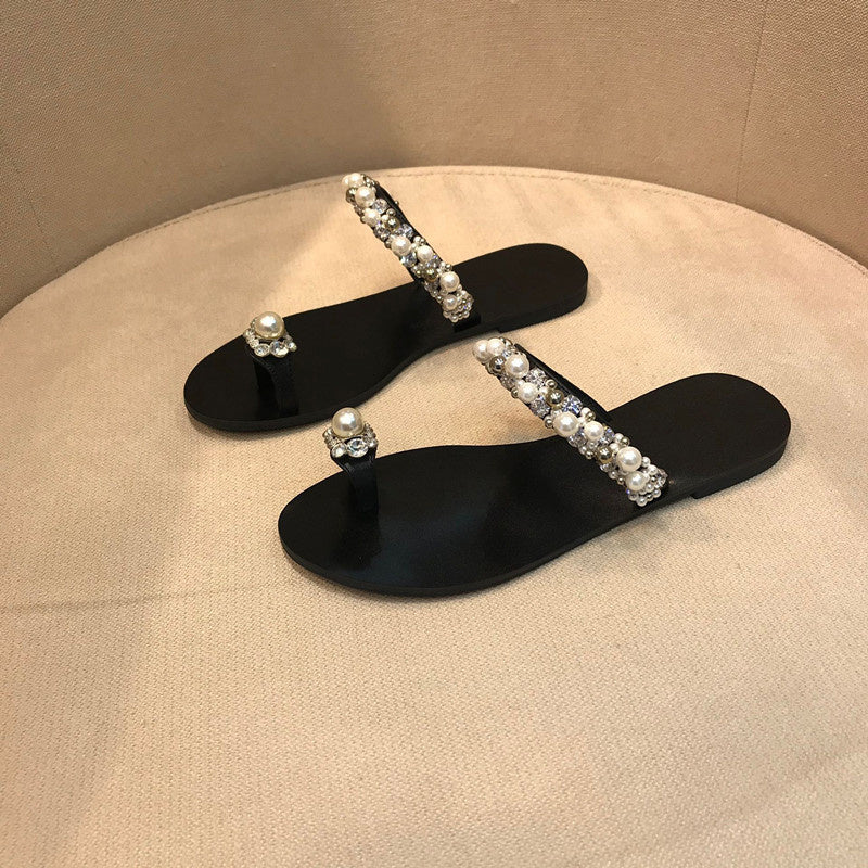 Sandalias planas con punta abatible para mujer con tiras de perlas y diamantes de imitación para exteriores