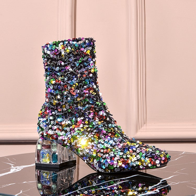 Women's Mid Heel Sequined Stretch Square Toe Booties