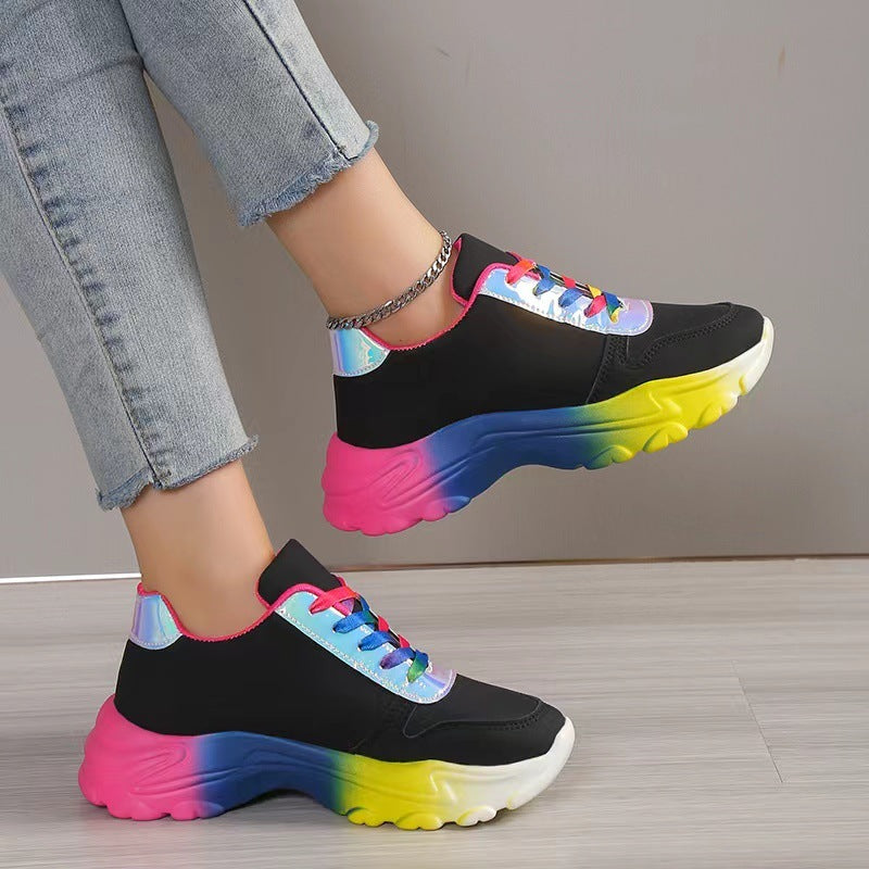 Zapatillas deportivas estilo INS de color arcoíris para mujer, zapatillas con cordones y suela gruesa, zapatillas de moda informales, ligeras, para correr y caminar