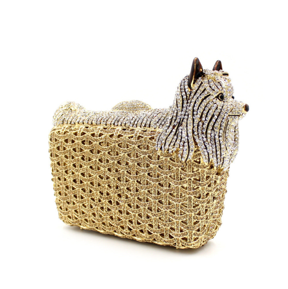 Sac de soirée en cristal fin et strass pour femme avec motif chien