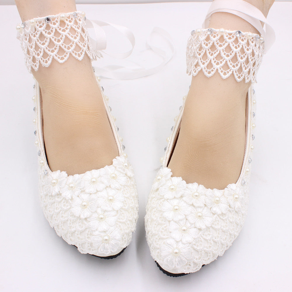 Lace-up White Wedding Dress Plus Size High Heel Women's Shoes