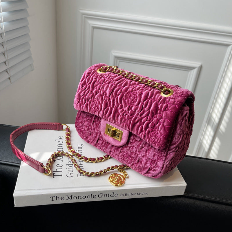 Sac messager carré en velours Camellia Mini Fat Chain à une épaule