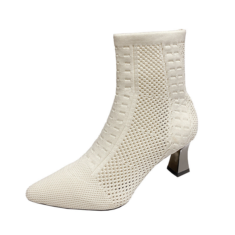 Knitted Sock Boots Women's Plus Size Short Pointed Chunky Heel