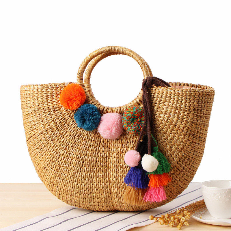 Hand-carried Straw Woven Bag Colorful Tassel Yarn Ball Beach Bag