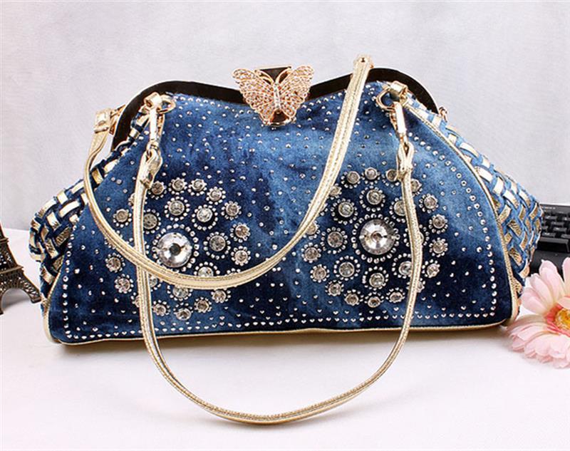 Bolso bandolera de lona tejida con diamantes de imitación y estilo vaquero de verano con clip de mariposa