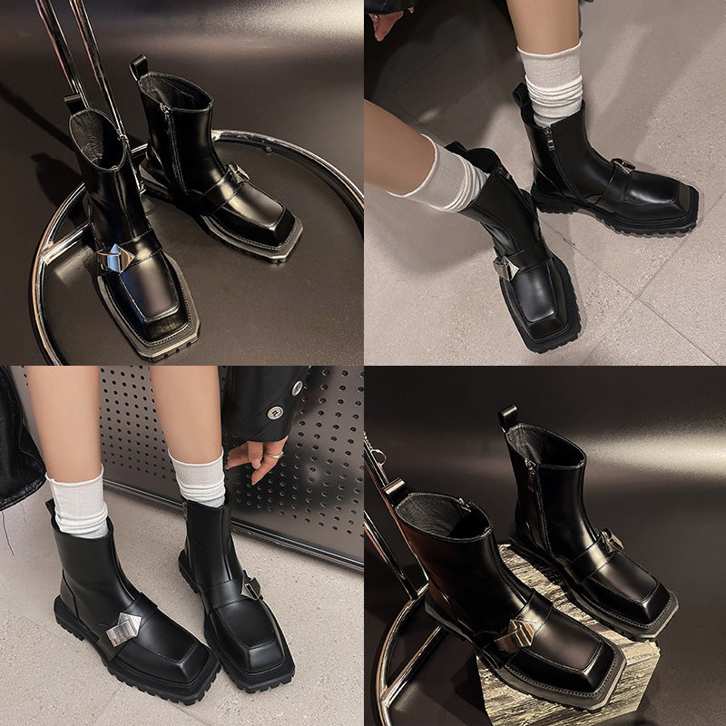 Bottes en cuir de vache à tête carrée et boucle en métal pour femmes