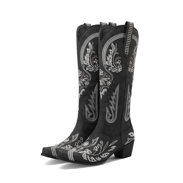 Embroidered Western Denim Retro Women's Knee-length Boots