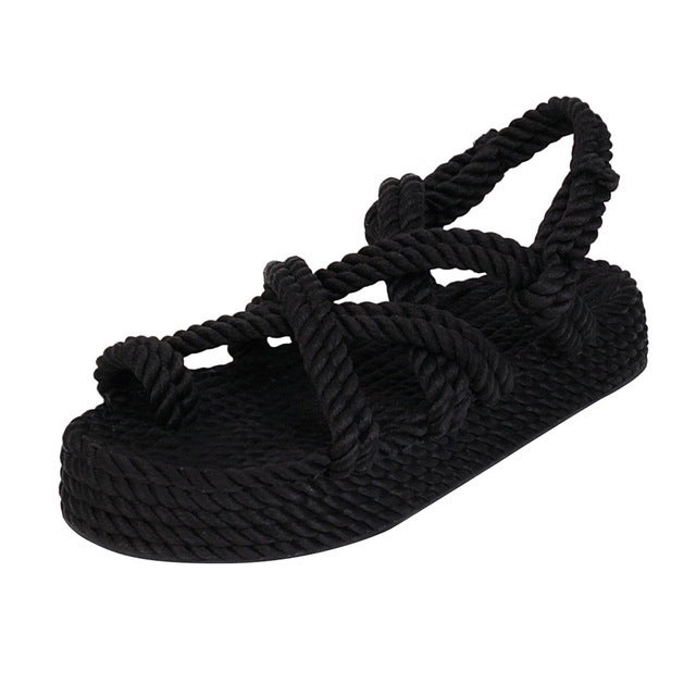 Women's Boho Sandals Flat Hemp Rope Platform