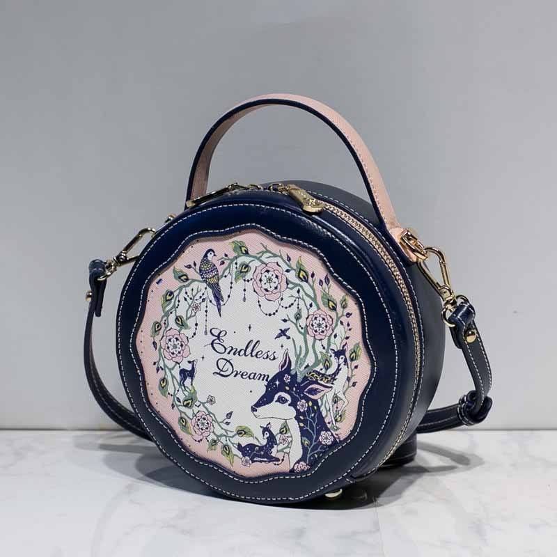 New Contrasting Color Fawn Printed Flower Small Round Bag