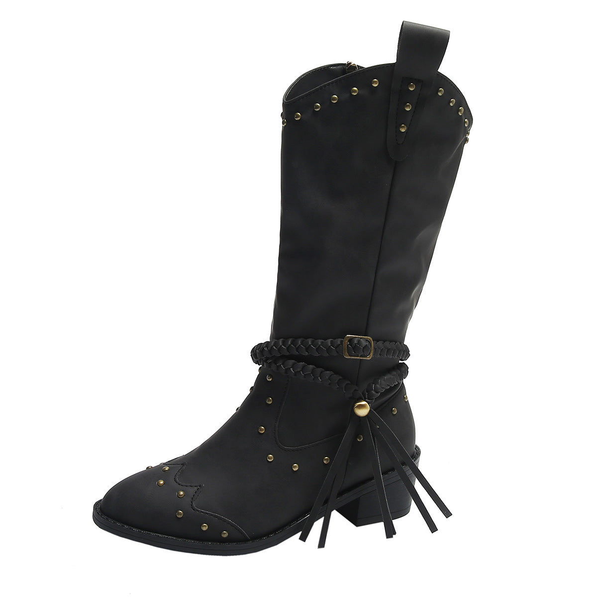 Bottes à pompon rétro avec boucle en corde tressée, chaussures d'hiver, nouvelles bottes western mi-mollet pour femmes