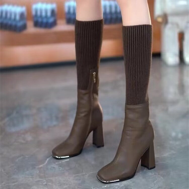 Chaussettes extensibles tricotées pour femmes automne et hiver, bottes longues à talon épais et à tête carrée