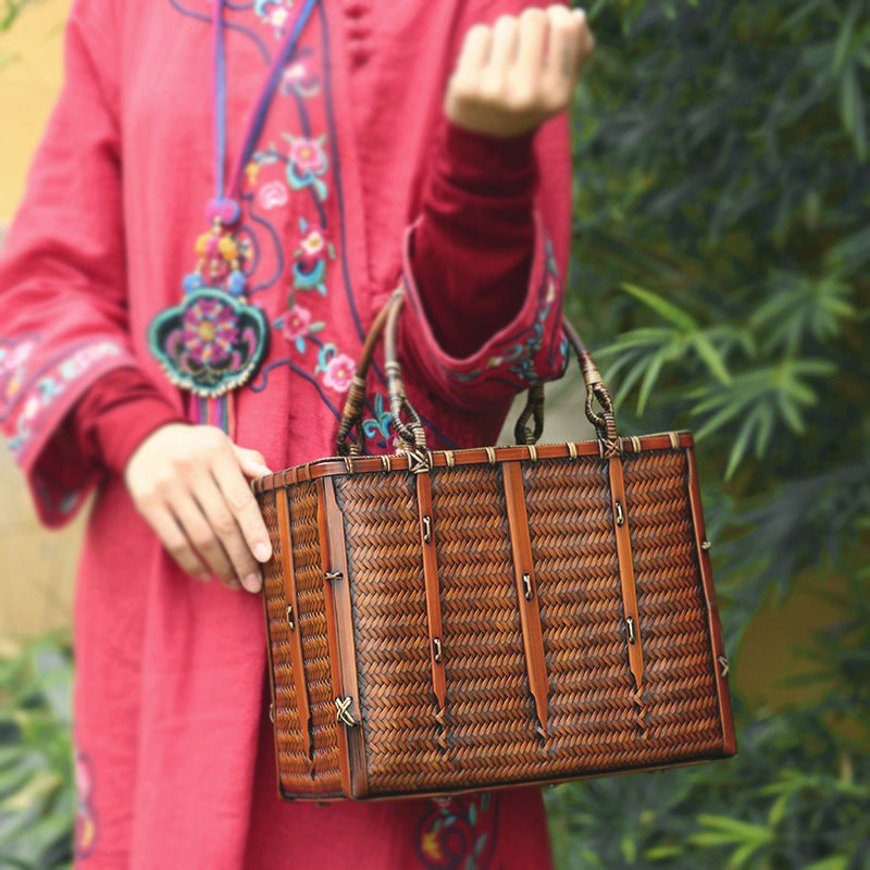 Sac de rangement tissé en bambou pour dames littéraires antiques