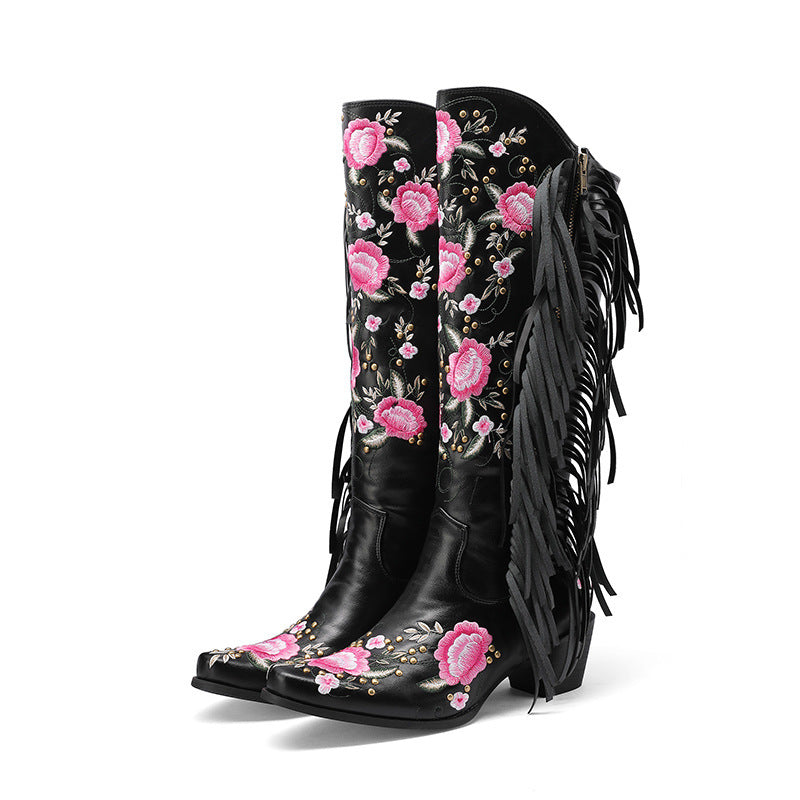 Embroidered Rivet Tassel Sleeve Western High Boots