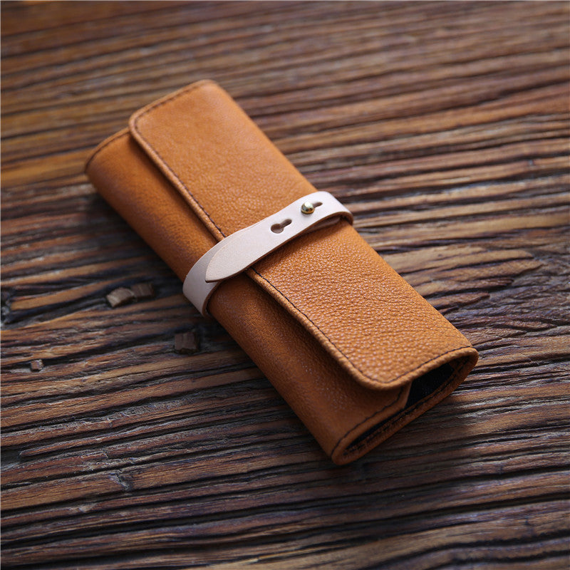 Estuche para lápices de cuero genuino para hombres hecho a mano con capa superior de piel de vaca tipo rollo