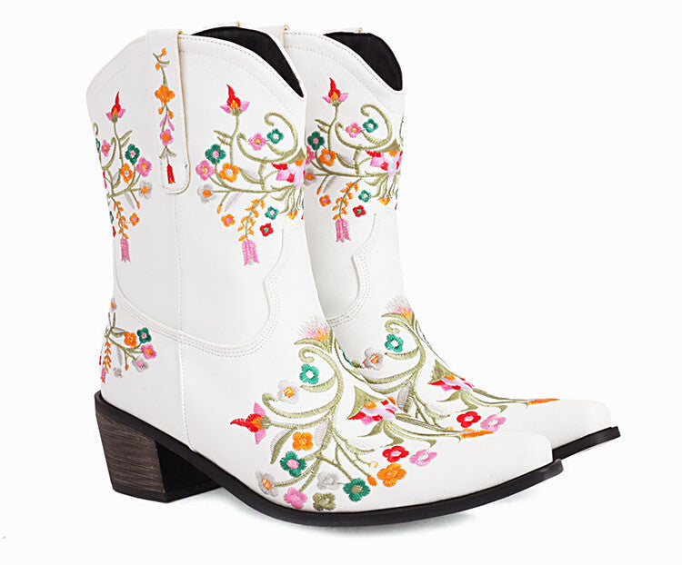 Embroidered Color Matching Ethnic Style Retro Chunky Heel Square Head Knight Martin Boots