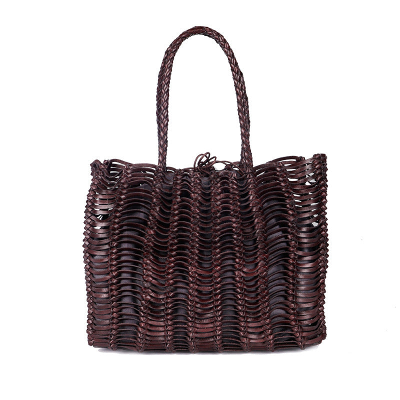 Retro Style Cowhide Handmade Hollow Woven Handbag Female Leather Handbag